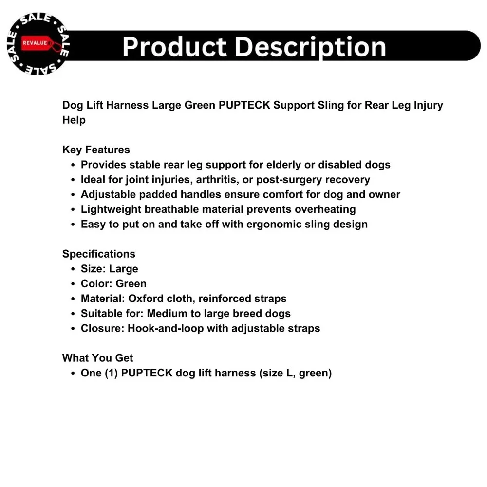 Dog Lift Harness Large Green PUPTECK‎ Support Sling for Rear Leg Injury Help